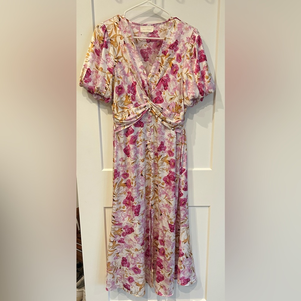 Silk Floral Puff Sleeve Pink, Cream, and Gold Women’s Maxi Dress